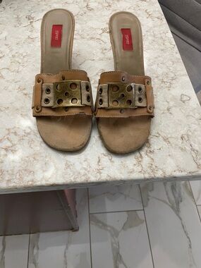 Esprit Brown and Gold Buckle Slide Mules